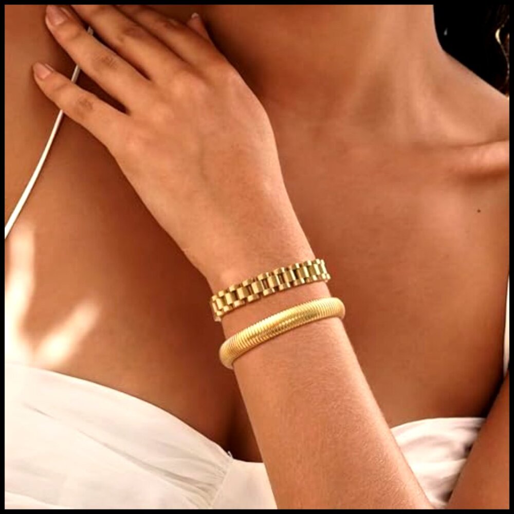 Stackable Chunky Link Bracelets Set Gold Plated S… - image 2
